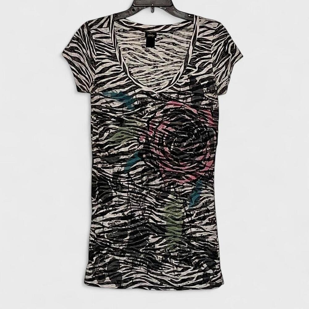 Vanity Zebra Print Embellished V-Neck Short Sleeve Graphic Shirt - Size L